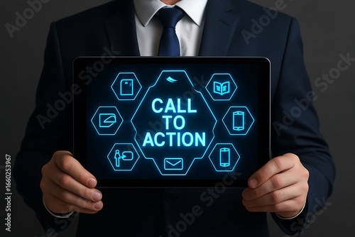 Businessman holding tablet with call to action message on screen