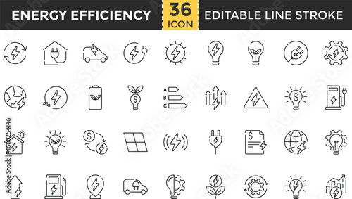 Energy Efficiency Line Icon Set. Pixel perfect and Outline Editable Stroke Icons collection for Electricity, Renewable Energy, Solar Panel, Wind Turbine, Battery, Eco Friendly