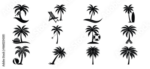 Palm tree silhouettes collection with surfboard, deck chair, and lifebuoy on white