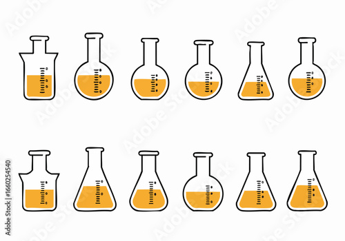 A diverse collection of doodle-style laboratory glassware, including beakers and flasks filled with an orange liquid, representing science and research.