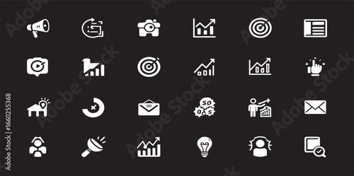"Set of 30 black and white business and technology icons including analytics, communication, finance, growth, tools, and data visualization symbols for modern digital and corporate use."