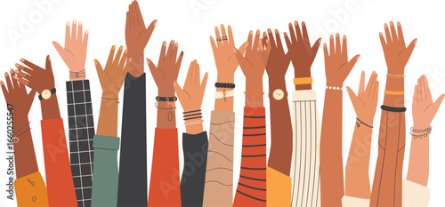 Raised diverse hands in unity, multicultural community support, voting, celebration, inclusion, activism, togetherness, protest, equality, group illustration