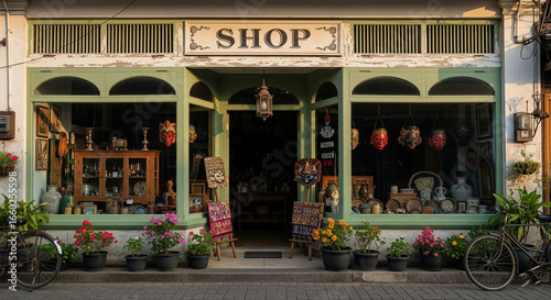 A classic, rustic shop with a variety of goods and flowers outside.
