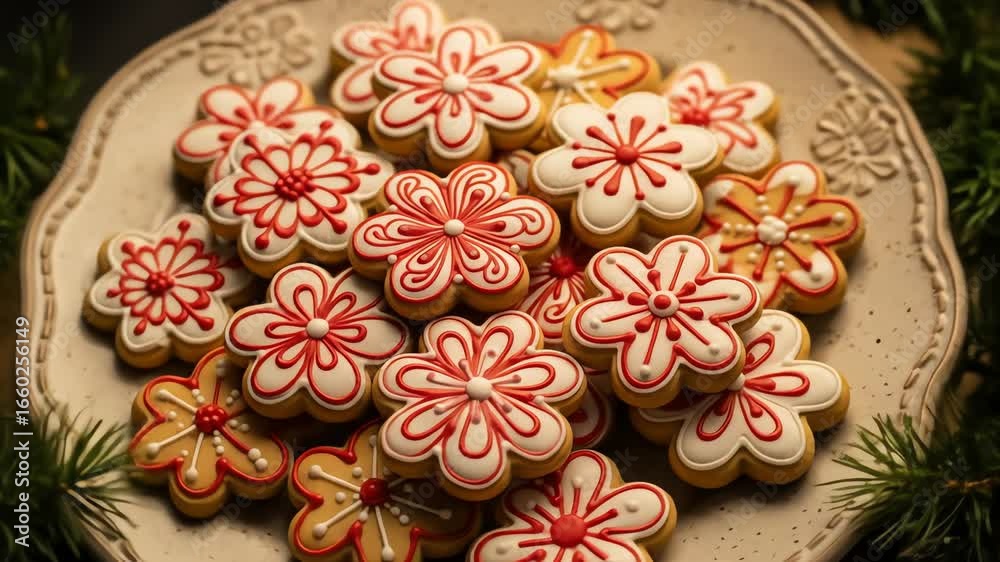 Close-up overhead shot of a plate of homemade Christmas cookies decorated with red and white icing, conveying a warm and festive mood against a dark background.