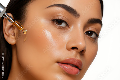 Beauty model applying nourishing face serum for glowing skin