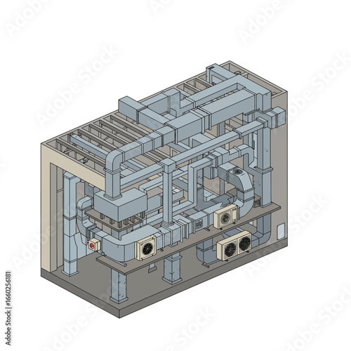 A detailed 3D rendering illustrates a complex network of HVAC ducts, pipes, and ventilation units, crucial for modern building climate control.