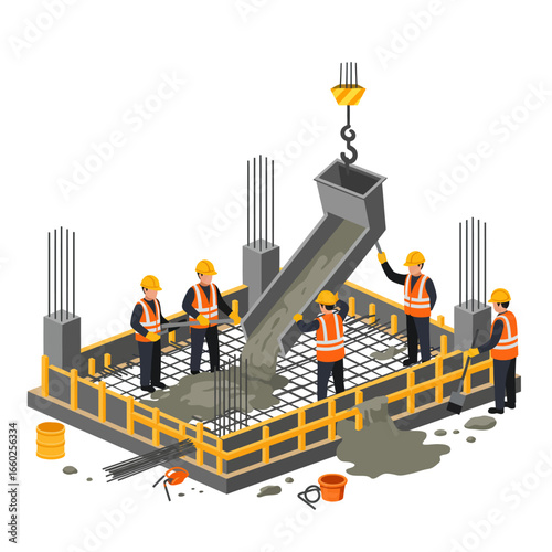 An isometric illustration depicts construction workers actively pouring concrete into a building foundation, showcasing teamwork and modern building processes.