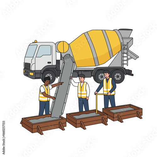 A team of diverse construction workers efficiently pours fresh concrete from a large cement mixer truck into rectangular molds on a building site.