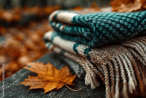 Cozy knitted blanket with autumn leaves, perfect for fall comfort