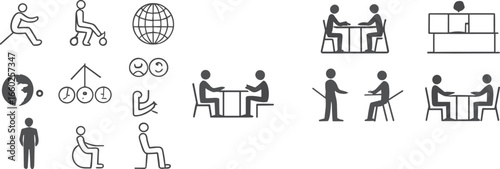 Set of black and white simple human icons showing sitting, meeting, working, communication, office, 