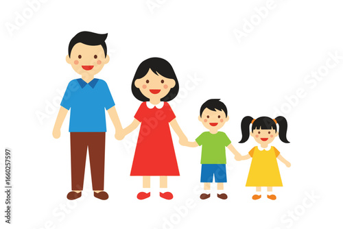 Cheerful cartoon illustration of a family of four holding hands Father mother son and daughter are smiling happily