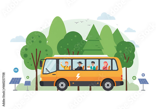 School bus driving on the road through city and nature