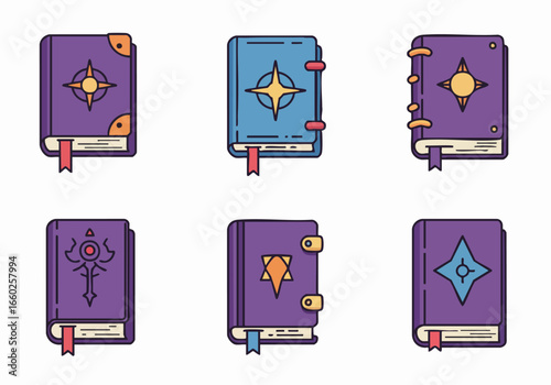 Set of six stylized fantasy spellbooks and ancient tomes with mystical symbols and vibrant colors, perfect for magic and adventure concepts.