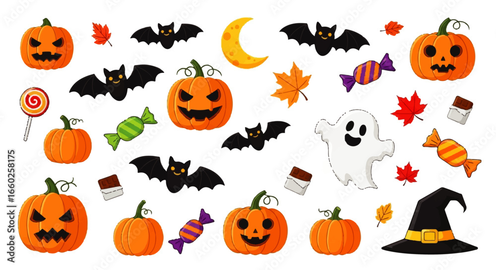 Fototapeta premium Happy Halloween Collection Spooky Pumpkins, Bats, Ghosts, Candy, and Witch Hat Designs