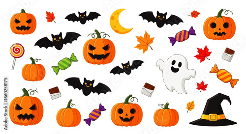 Happy Halloween Collection Spooky Pumpkins, Bats, Ghosts, Candy, and Witch Hat Designs