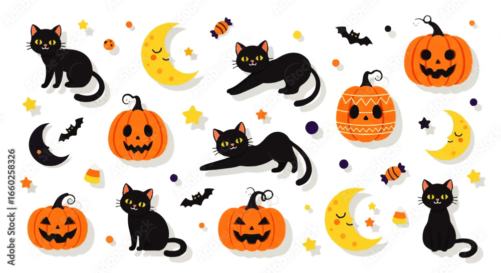 Cute Halloween Black Cats and Pumpkins Illustration Cute Halloween Black Cats and Pumpkins Illustration