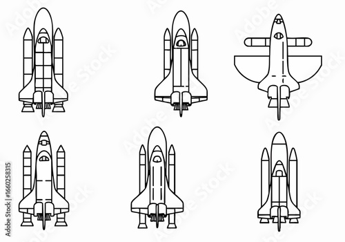 Set of detailed line art illustrations featuring various space shuttles and rockets for aerospace, science, and exploration themes.