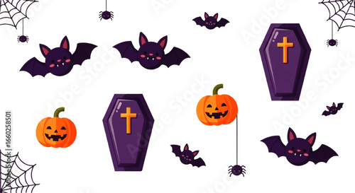 Spooky Halloween Illustration Bats, Pumpkins, and Coffins for Festive Designs