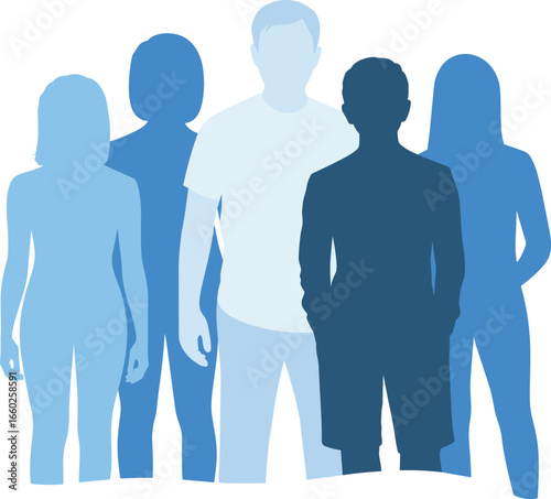 Silhouette group of diverse people, blue tone illustration, teamwork concept, community unity, modern flat design, social connection, inclusive society