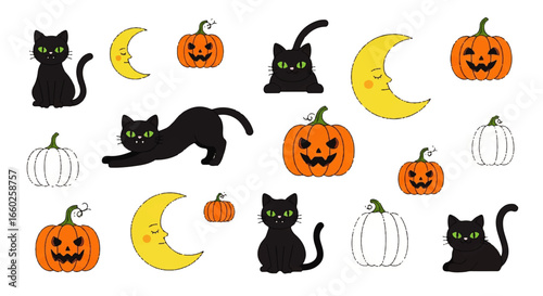 Charming Halloween Elements Collection Featuring Playful Black Cats, Expressive Jack-o'-Lanterns, and Smiling Crescent Moons for Festive Autumn Designs.