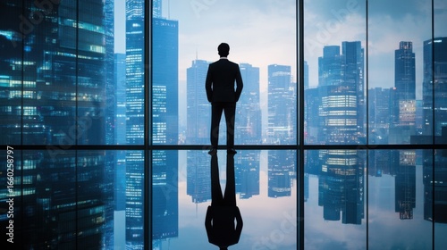 Confident businessman standing by large window overlooking futuristic city skyline with reflection.