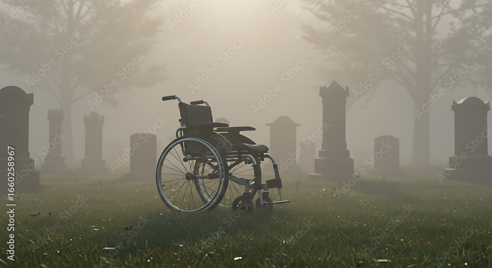 Obraz premium Empty wheelchair in a foggy graveyard.
