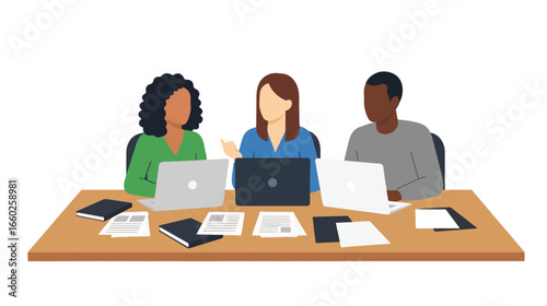 Diverse team of three faceless professionals collaborating at a table with laptops and documents