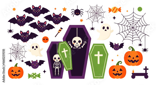 Vector collection of cute Halloween characters and spooky elements. Set of icons with bat, ghost, pumpkin, skeleton, and coffin.