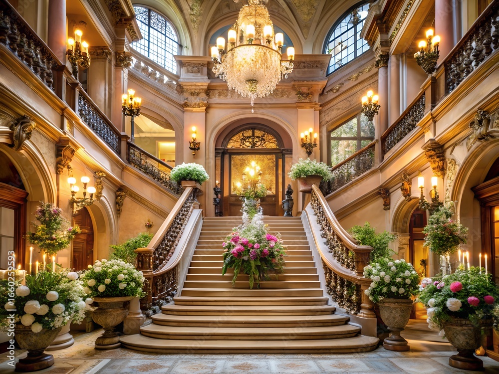 Obraz premium Grand staircase with chandelier and flower decorations in an elegant building