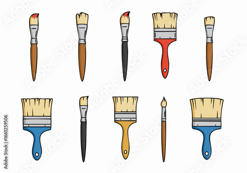 Colorful Set of Cartoon Art and Paint Brushes Collection. Various shapes and sizes for painting, creativity, and artistic expression in a flat vector style.