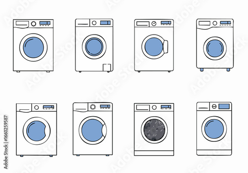 Modern Laundry Appliances: Set of Washing Machine Vector Icons on White Background