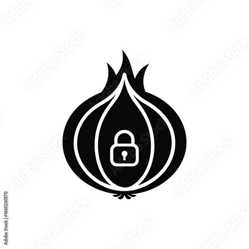 Onion with a lock icon representing anonymity, privacy, and secure internet browsing with hidden network layers