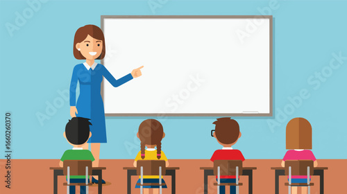 Flat vector illustration of a female teacher pointing to a blank whiteboard in a classroom with four young students