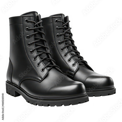Pair of black leather combat boots with laces isolated on transparent background