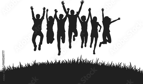 Silhouette of happy people jumping on grass, celebrating success, expressing freedom, enjoying unity, outdoor activity, teamwork, joy, motion, energy