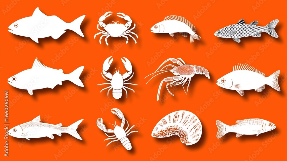 Naklejka premium White sea creatures on vibrant orange background