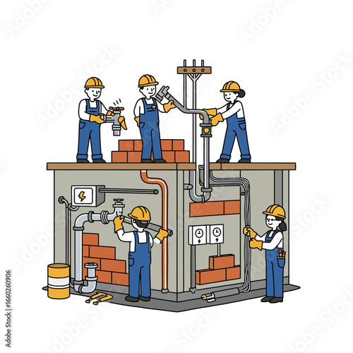 A team of skilled construction workers diligently builds and installs essential systems, plumbing, electrical, and bricklaying, showcasing infrastructure.