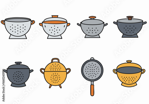 Collection of various kitchen colanders and strainers in a colorful cartoon illustration style, perfect for cooking and culinary concepts.