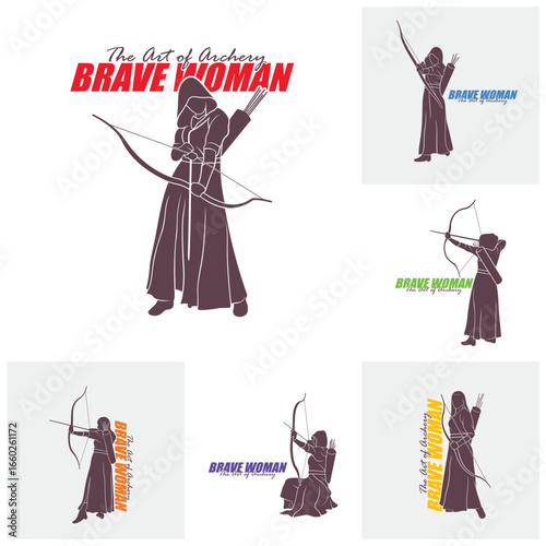Set of Archer Logo Design Concepts Vector. Silhouette Female Archer Template Illustration