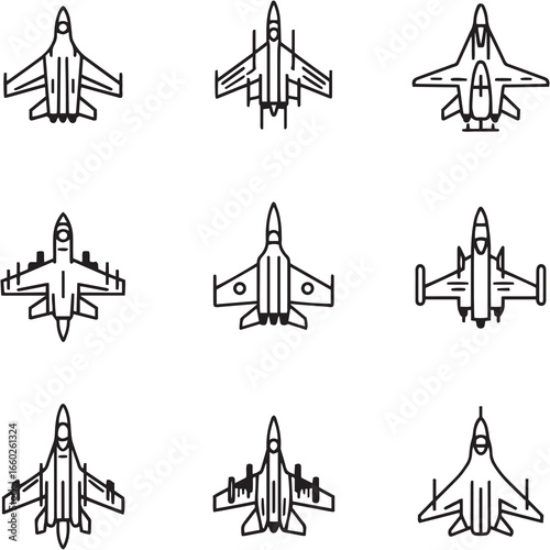 Fighter Jet black Line Editable Icons set