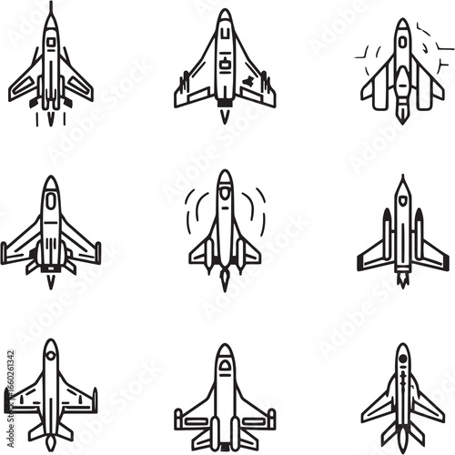 Fighter Jet black Line Editable Icons set