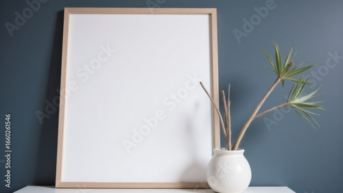 Blank picture frame and vase with plants on white table against a blue wall