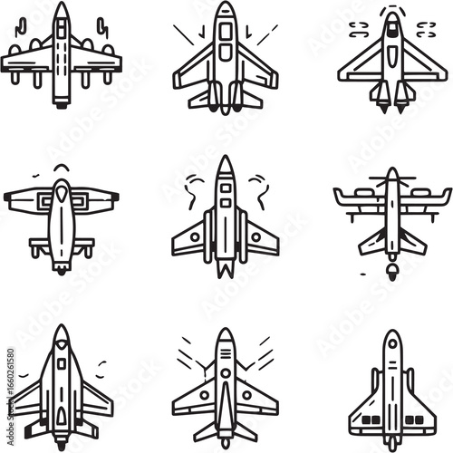 Fighter Jet black Line Editable Icons set