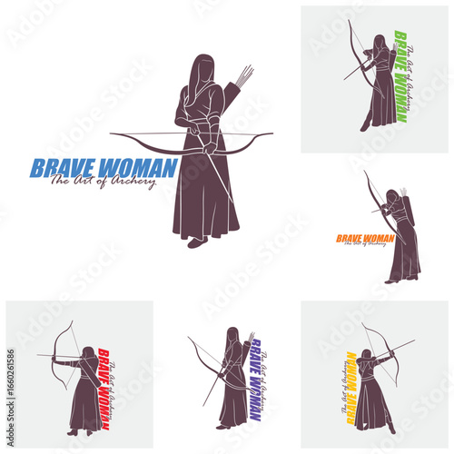 Set of Archer Logo Design Concepts Vector. Silhouette Female Archer Template Illustration