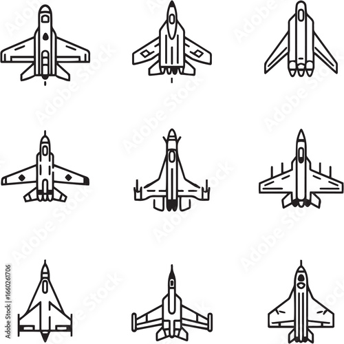 Fighter Jet black Line Editable Icons set