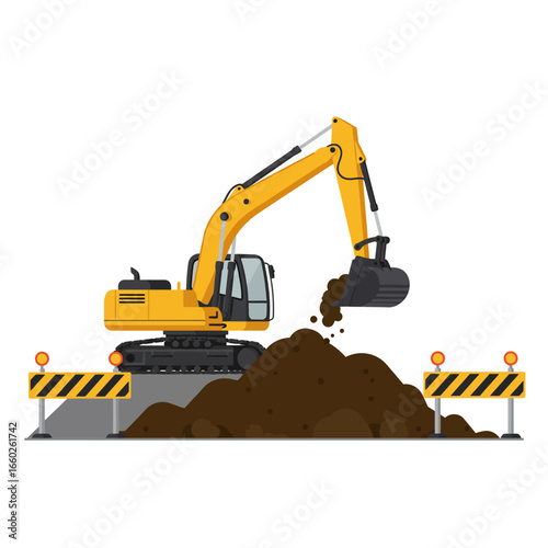 A bright yellow excavator is actively digging and moving a large pile of brown earth on a construction site, flanked by safety barriers.