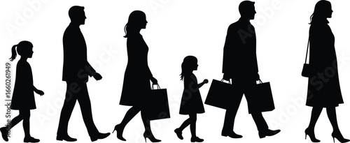 Family shopping silhouette set, walking people with bags, black vector illustration, retail consumer concept, isolated figures, urban lifestyle, commercial activity