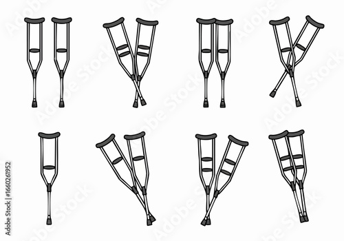 Set of Crutches Illustrations for Medical Aid and Mobility Support, Featuring Various Pairings and Arrangements on White Background