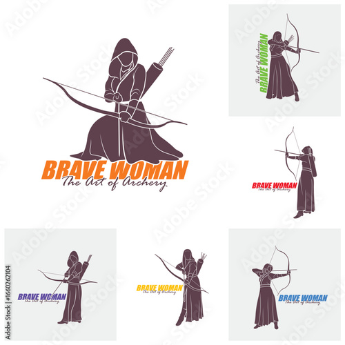 Set of Archer Logo Design Concepts Vector. Silhouette Female Archer Template Illustration