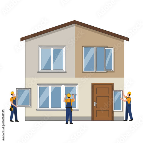 Professional construction workers are diligently installing new windows into a modern residential house, showcasing home renovation and improvement services.